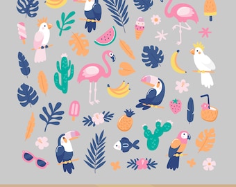 Tropical summer clipart, travel flamingo clip art. Toucan Pineapple Ice-cream Leaves printable, summer beach illustration. COMMERCIAL USE
