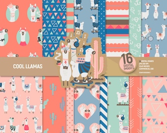 Puede incluir: Un conjunto de 16 papeles digitales con ilustraciones de llamas lindas en varias poses y patrones. Los papeles incluyen una variedad de colores y diseños, como rosa, azul, verde y marrón. Los papeles son perfectos para scrapbooking, creación de tarjetas y otros proyectos de manualidades. El texto "COOL LLAMAS" y "16 DIGITAL IMAGES" está incluido en la imagen.