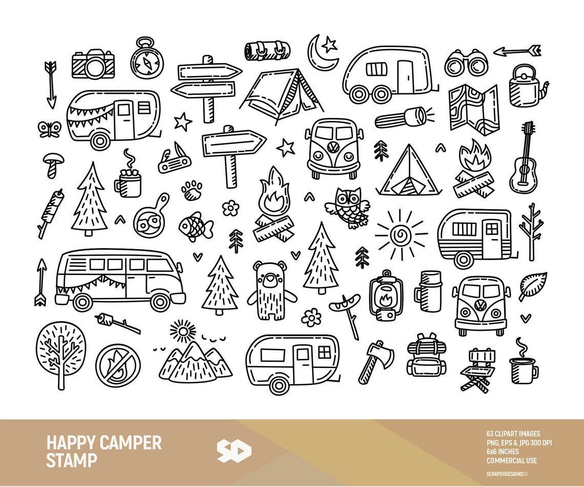 Black And White Happy Camper Clipart Digital Download