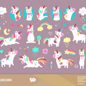 Eenhoorn clipart, regenboog illustraties, dieren tekenen, vector afdrukbare, kleurrijke illustratie, diamant, snoep, sterren, cupcake. Commercieel gebruik.