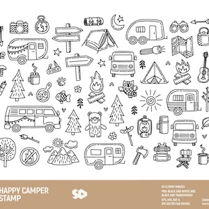 Happy camper-clipartbundel, campingillustraties, digitale reisstempel, kampvuurtekening, vectorafdrukbaar. Png Jpeg SVG DXF EPS. Commercieel gebruik.