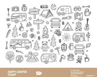 Happy camper clipart bundle, camping clip art, travel digital stamp, campfire draw, vector printable. Png Jpeg SVG DXF EPS. Commercial use.