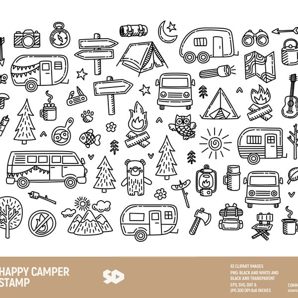 Happy camper clipart bundle, camping clip art, travel digital stamp, campfire draw, vector printable. Png Jpeg SVG DXF EPS. Commercial use.