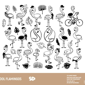 May include: A set of 35 black and white clip art images of flamingos in various poses. The flamingos are wearing hats, sunglasses, and riding bicycles. The images are perfect for use in digital scrapbooking, card making, and other craft projects.