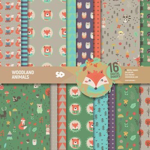 Pack de papier numérique Woodland, pages de scrapbooking animaux, motifs de forêt, téléchargement immédiat de fond de cerf, ours renard, écureuil. Utilisation commerciale.