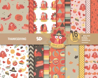 Thanksgiving digital paper pack, fall scrapbook pages, thank you pattern, turkey background, owl. Pilgrims pumpkin pie tag. Commercial use.