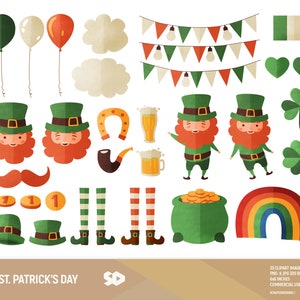 May include: A set of 33 St. Patrick's Day clipart images featuring leprechauns, shamrocks, rainbows, gold coins, and other festive elements. The images are in PNG and JPG format, 300 DPI, and 6x5 inches.