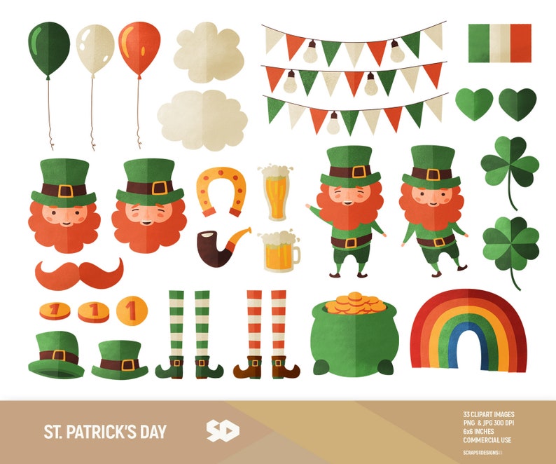 May include: A set of 33 St. Patrick's Day clipart images featuring leprechauns, shamrocks, rainbows, gold coins, and other festive elements. The images are in PNG and JPG format, 300 DPI, and 6x5 inches.