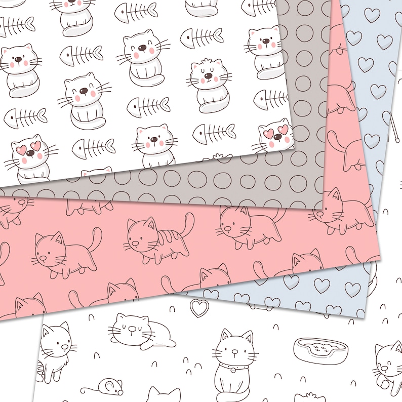 Op de afbeelding: Een set van vijf digitale papierpatronen met schattige cartoonkatten in verschillende poses. De patronen zijn in tinten roze, grijs en blauw met witte achtergronden.