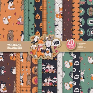 Carta digitale Woodland Halloween, pagine di album autunnali, motivo animali, volpe, cervo, orso, coniglio, scoiattolo, sfondo foresta. Uso commerciale.