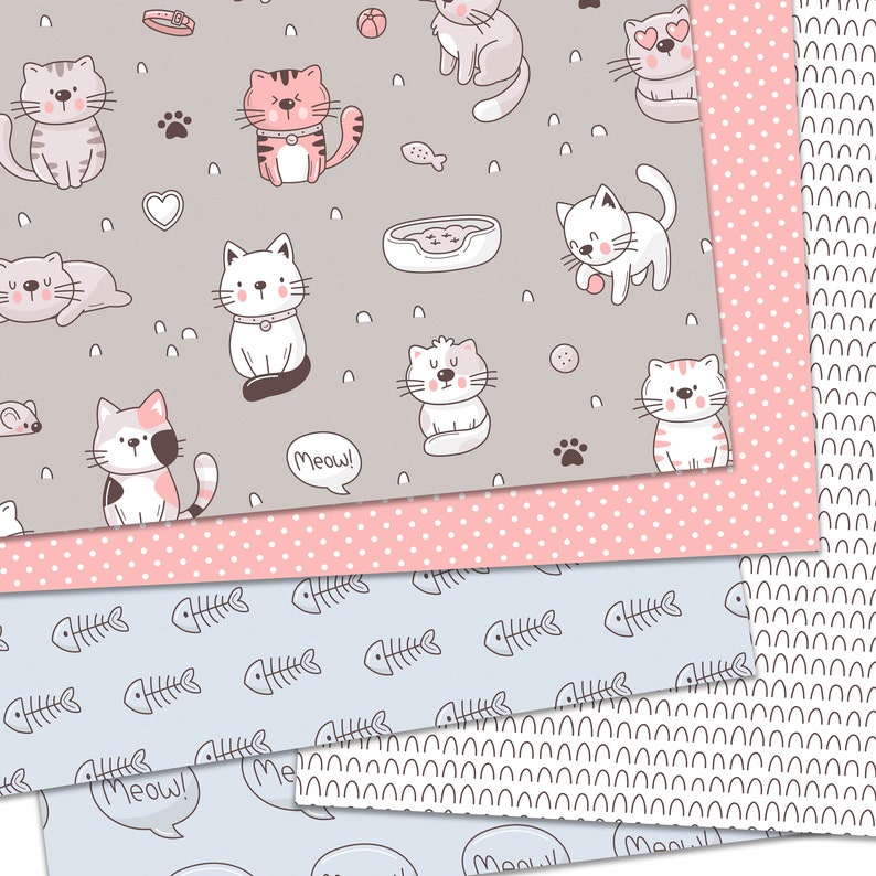 Op de afbeelding: Een digitaal papierpakket met vier verschillende patronen met schattige katten, poot afdrukken, harten, visgraten en het woord "Miau!" in een spreekballon. De patronen zijn in tinten roze, grijs en blauw.