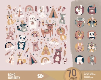 Clipart bohemio para guardería, clip art tribal de animales. Arcoíris de plumas, vector imprimible de bosque, ilustración de tienda tipi, bohemio. Uso comercial.