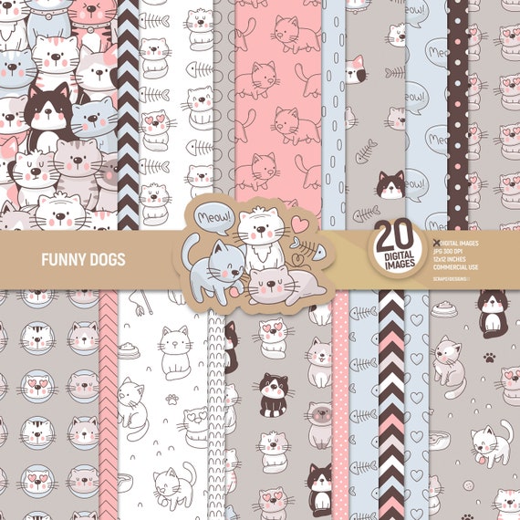 Funny cats digital paper pack, cat scrapbook pages, patterns, kittens, pets, animals, kitty, background instant download, Commercial use.
