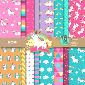 Paquete de papel digital de unicornio, páginas de álbum de recortes de arcoíris, patrones coloridos, diamantes, dulces, fondo de estrellas, descarga instantánea. Uso comercial.