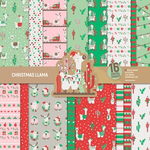 Pacchetto di carta digitale di lama natalizia, pagine di album di cactus, motivo alpaca, ornamento boho azteco, lama di Babbo Natale, bambini. Uso commerciale