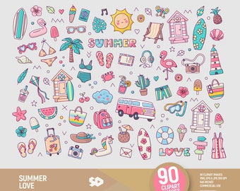 Summer love clipart, travel holidays clip art, tropical flamingo draw, surf beach vector printable, sunny van illustration. Commercial use.