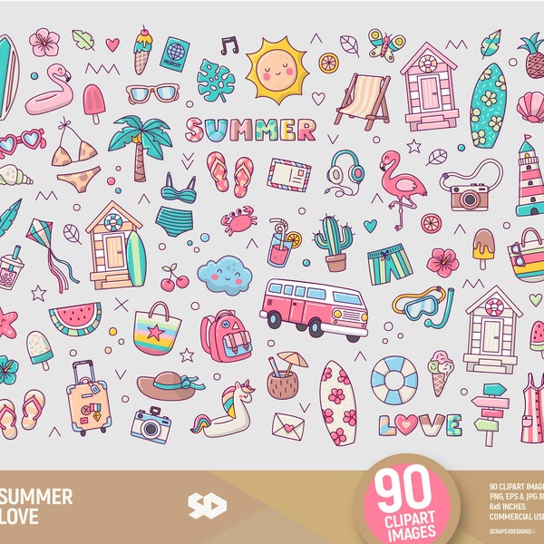 Sommer Liebe Clipart, Reise Urlaub Clip Art, tropische Flamingo zeichnen, Surf Strand Vektor druckbare, sonnige van Illustration. Kommerzielle Nutzung.