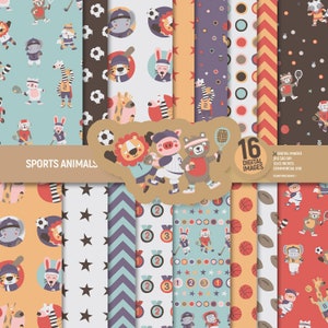 Sport Tiere digitales Papier, Sporttiere Scrapbook Seiten, Fußball Korb Tennis Baseball Hintergrundmuster. Kommerzielle Nutzung.
