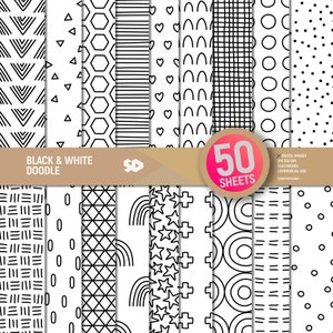 Pakket van 50 zwart-wit doodle digitaal papier. Patronen voor scrapbookingpagina's. Plakboekvellen met achtergrondbundel in zwart-wit, afdrukbaar. Commercieel gebruik.