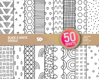 50 Black and White doodle digital paper pack. Patterns scrapbooking pages. B&W background bundle scrapbook sheets printable. Commercial use.