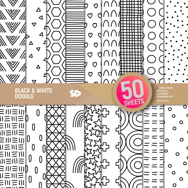 Paquet de 50 papiers numériques à gribouiller en noir et blanc. Modèles de pages de scrapbooking. Feuilles de scrapbooking en noir et blanc à imprimer. Utilisation commerciale. image 1