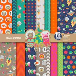 Pacote de papel digital de animais espaciais, páginas de álbum de recortes do zoológico de safari de astronauta, padrões de festa para crianças, fundo de chá de bebê, escola. Uso comercial.