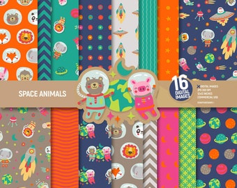 Space animals digital paper pack, astronaut safari zoo scrapbook pages, party kids patterns, baby shower background, school. Commercial use.