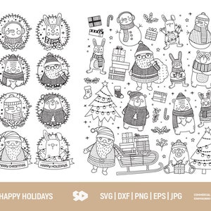 Frohe Feiertage Clipart Bundle, Doodle Santa, Weihnachten, Tiere, schwarz und weiß. Clip Art SVG Dxf PNG Eps JPG, Schnittdatei, Cricut Silhouette