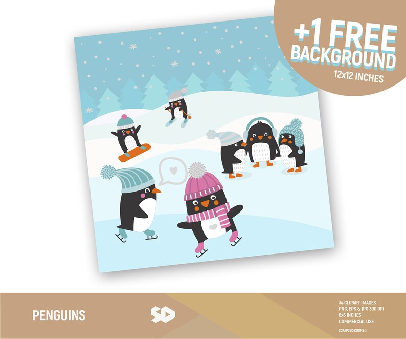 May include: A set of 34 digital clipart images featuring cute penguins wearing winter hats and scarves. The penguins are engaged in various winter activities, such as ice skating, snowboarding, and playing together. The images are in PNG, EPS, and JPG formats, with a resolution of 300 DPI and a size of 6x6 inches. The clipart is suitable for commercial use.