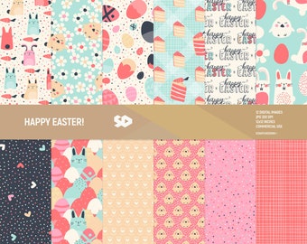 Easter digital paper pack, easter scrapbook pages, patterns, pastel, easter eggs, chicks, bunny bunnies, flowers, background, Commercial use