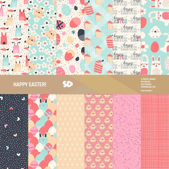 Easter digital paper pack, easter scrapbook pages, patterns, pastel, easter eggs, chicks, bunny bunnies, flowers, background, Commercial use