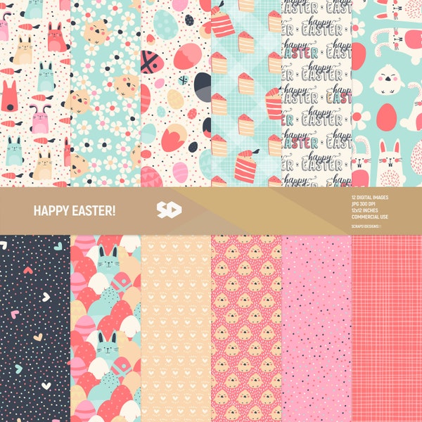 Easter digital paper pack, easter scrapbook pages, patterns, pastel, easter eggs, chicks, bunny bunnies, flowers, background, Commercial use