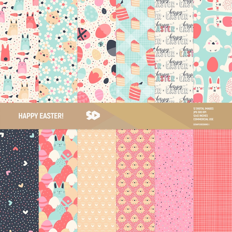 May include: A set of 12 digital paper patterns featuring Easter-themed designs. The patterns include bunnies, eggs, chicks, flowers, and polka dots in a variety of colors, including pink, blue, yellow, and white. The patterns are perfect for scrapbooking, card making, and other craft projects.