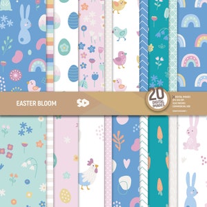 Easter bloom digital paper, bunny scrapbook pages, pastel floral pattern, boho spring rainbow eggs rabbit chick background. Commercial use