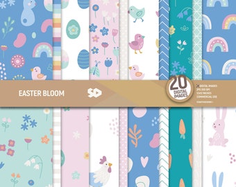 Easter bloom digital paper, bunny scrapbook pages, pastel floral pattern, boho spring rainbow eggs rabbit chick background. Commercial use