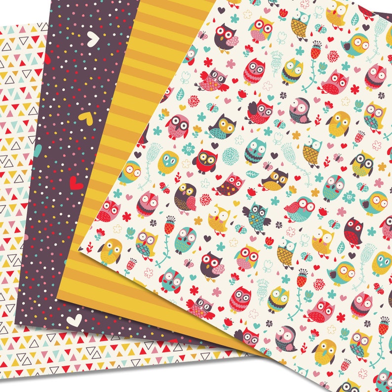 Happy Owls Digital Paper Pack, Owl Scrapbook Pages, Floral Patterns ...
