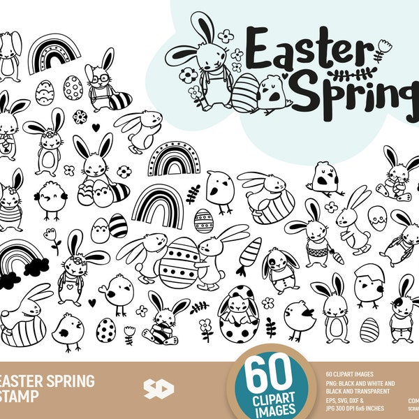 Easter spring clipart bundle, bunny clip art digital stamp, rainbow eggs rabbit chick draw illustration. Png SVG DXF EPS. Commercial use.
