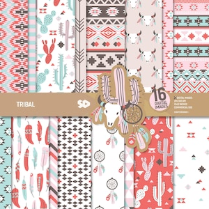 Pacchetto di carta digitale tribale, pagine di album boho, motivi etnici, sfondo di piume, acchiappasogni, cactus, biglietti di corna. Uso commerciale.