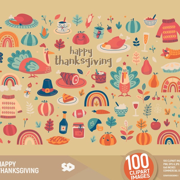 Happy Thanksgiving clipart, fall autumn warm clip art. Turkey illustration. Rainbow food leaves pumpkin pie pilgrim draw. Commercial use.