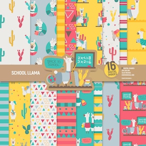 Digitaal papierpakket schoollama, plakboekpagina's cactus, alpaca, kinderpatronen, terug naar school dieren, achtergrond leraar. Commercieel gebruik.
