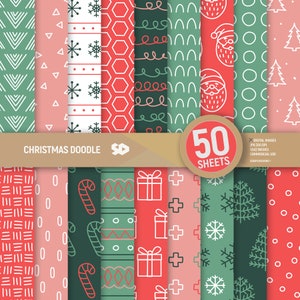 Confezione da 50 fogli digitali di Natale doodle. Pagine di scrapbooking con motivi. Bundle di fogli di scrapbooking con sfondo verde e rosso stampabili. Uso commerciale.