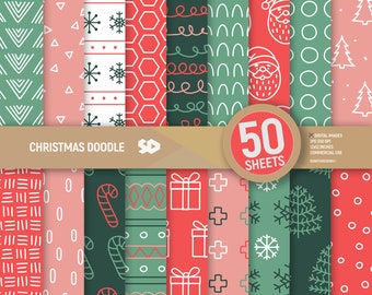 50 Christmas doodle digital paper pack. Patterns scrapbooking pages. Green red background bundle scrapbook sheets printable. Commercial use.