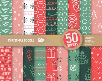 May include: A set of 50 digital Christmas doodle papers in red, green, and pink with various patterns including snowflakes, candy canes, presents, and Santa Claus. The papers are 12x12 inches and 300 DPI.  Commercial use is allowed.