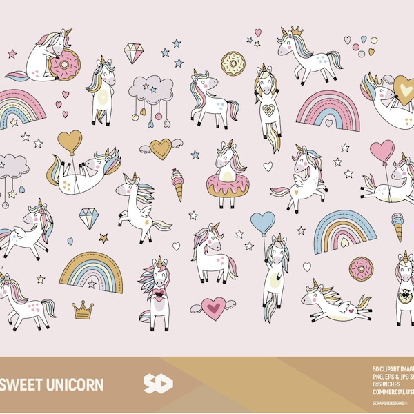 Sweet unicorn clipart, rainbow clip art. Pastel, ice-cream, stars, donuts, hearts draw vector printable, love illustration. Commercial use.