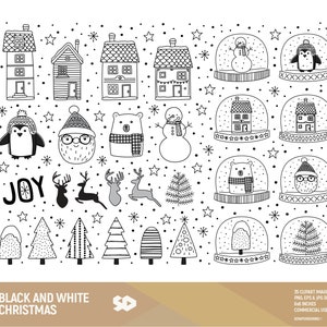 Zwart-wit kerst clipart, kerstman illustraties, kerstboom, sneeuwbol winter huis tekenen, doodle, vectorillustratie. Commercieel gebruik