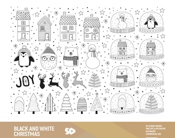 Imágenes prediseñadas de Navidad en blanco y negro, imágenes prediseñadas de Santa, árbol de Navidad, dibujo de casa de invierno con globo de nieve, garabato, ilustración vectorial. Uso comercial