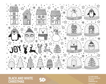 Imágenes prediseñadas de Navidad en blanco y negro, imágenes prediseñadas de Santa, árbol de Navidad, dibujo de casa de invierno con globo de nieve, garabato, ilustración vectorial. Uso comercial