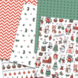 Red and green Christmas digital paper, Woodland scrapbook pages, animals bear Xmas pattern, winter forest background doodle. Commercial use. image 2