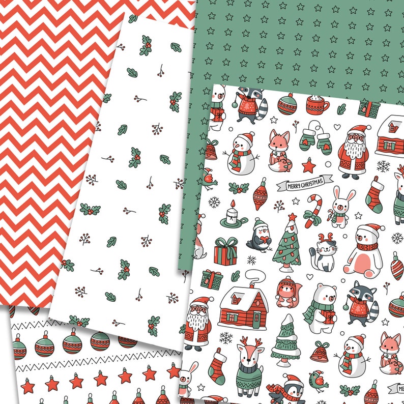 Red and green Christmas digital paper, Woodland scrapbook pages, animals bear Xmas pattern, winter forest background doodle. Commercial use. image 2