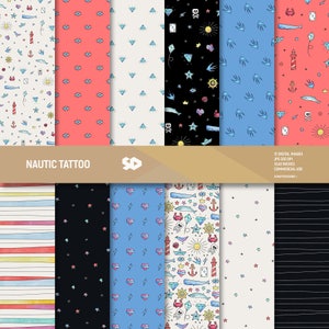 Pacchetto di carta digitale per tatuaggi nautici. Pagine di scrapbooking disegnate a mano, sfondo marino, motivo di fogli di scrapbooking ad acquerello, San Valentino
